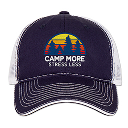 Navy/White Camp More, Stress Less Embroidered Trucker Hat 