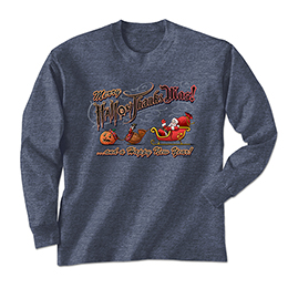 Heather Navy MerryHallowThanksMas Long Sleeve Tees 